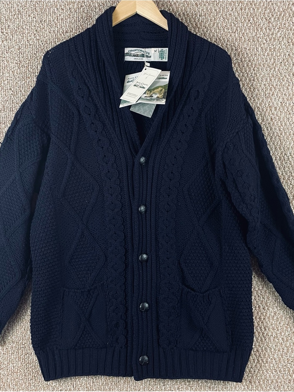 Aran Crafts Cardigan Mens XL Cable Knit 100% Merino Wool Fisherman Ireland NWT